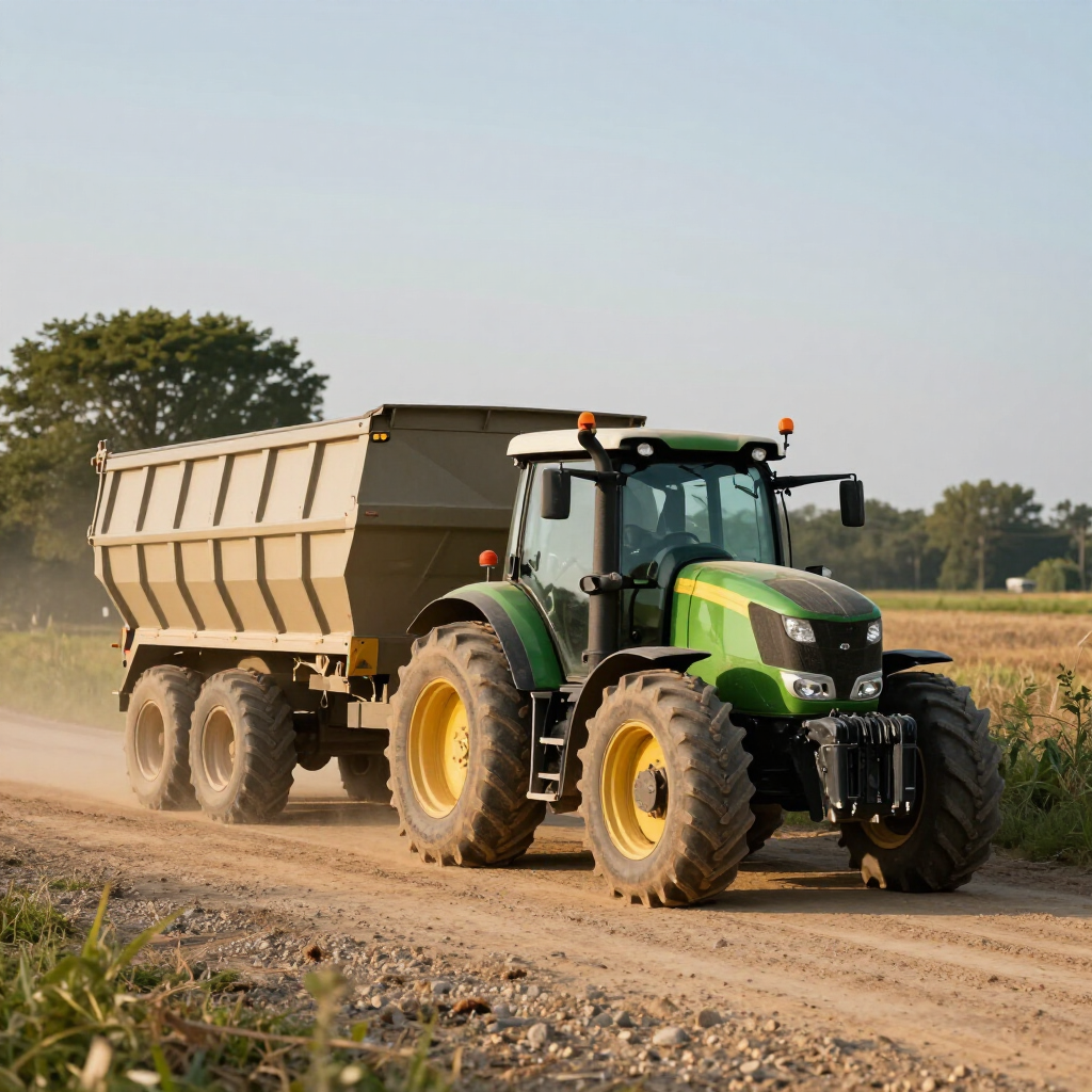 A bright green tractor pulls a large, light-brown dump trailer along a dusty country dirt road at sunset.