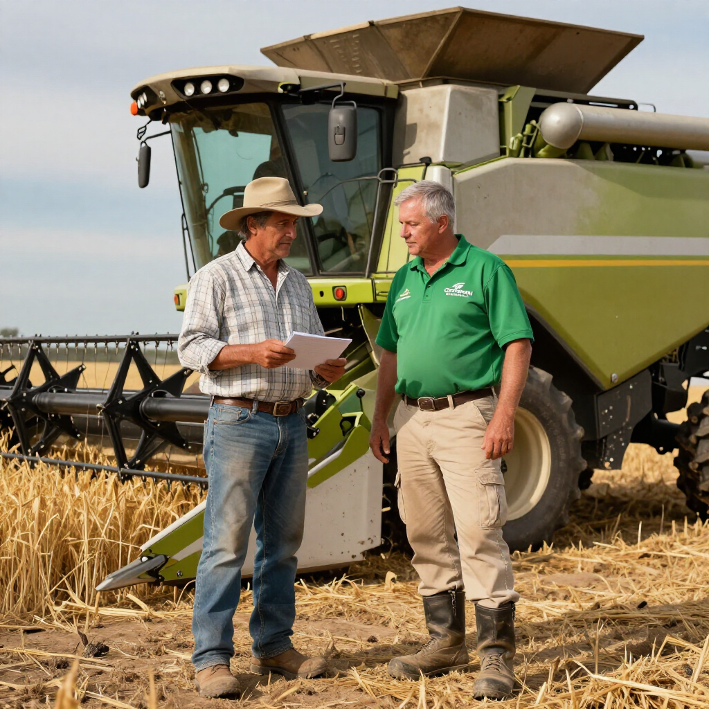 Two people in a harvested field, one holding a document, standing in front of a green and white combine harvester.