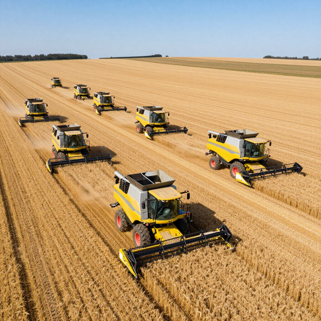 An aerial view shows multiple yellow combine harvesters working in echelon formation across a vast, golden wheat field.