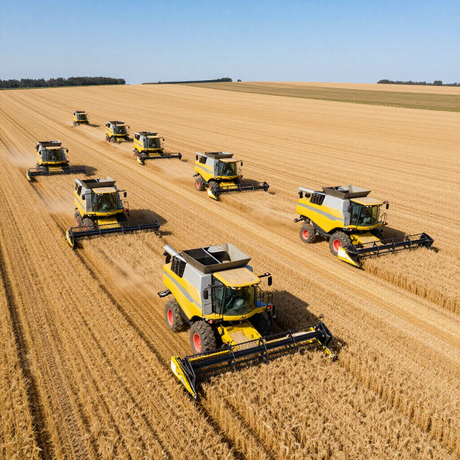 An aerial view shows multiple yellow combine harvesters working in echelon formation across a vast, golden wheat field.