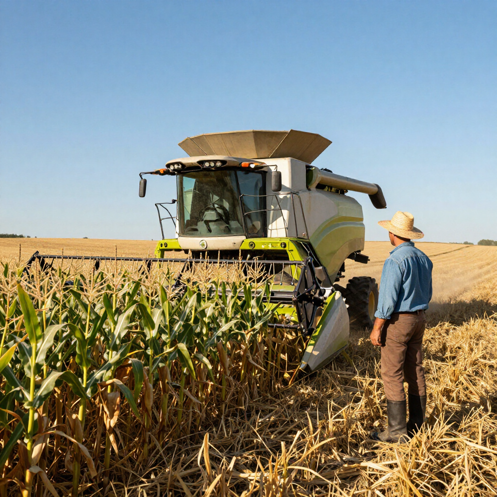 A farmer in a hat stands in a cornfield next to a combine harvester during a harvest on a sunny day.