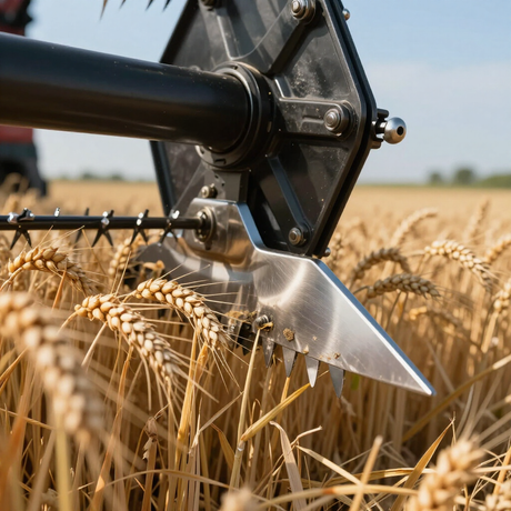 A close-up of a combine harvester reel cutting golden wheat in a field under a clear blue sky.