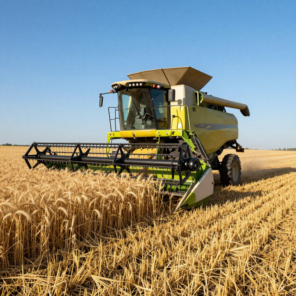 A lime-green combine harvester cuts a path through a large, golden wheat field under a clear blue sky.