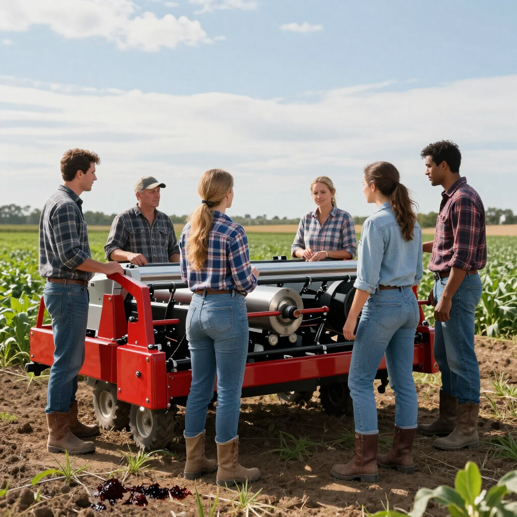 Five people in work clothes stand around a red agricultural machine in a field, appearing to discuss its features.