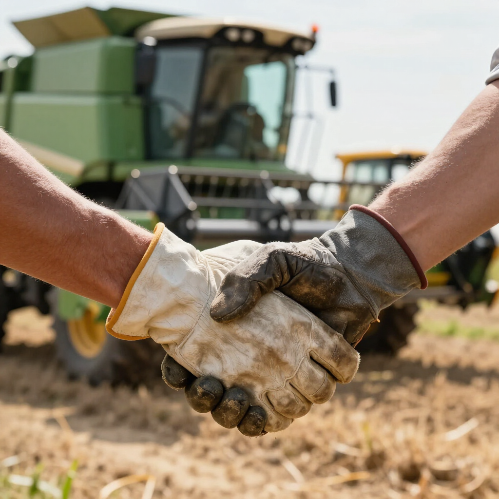 Two people in work gloves shake hands in a field with a large green combine harvester in the background.