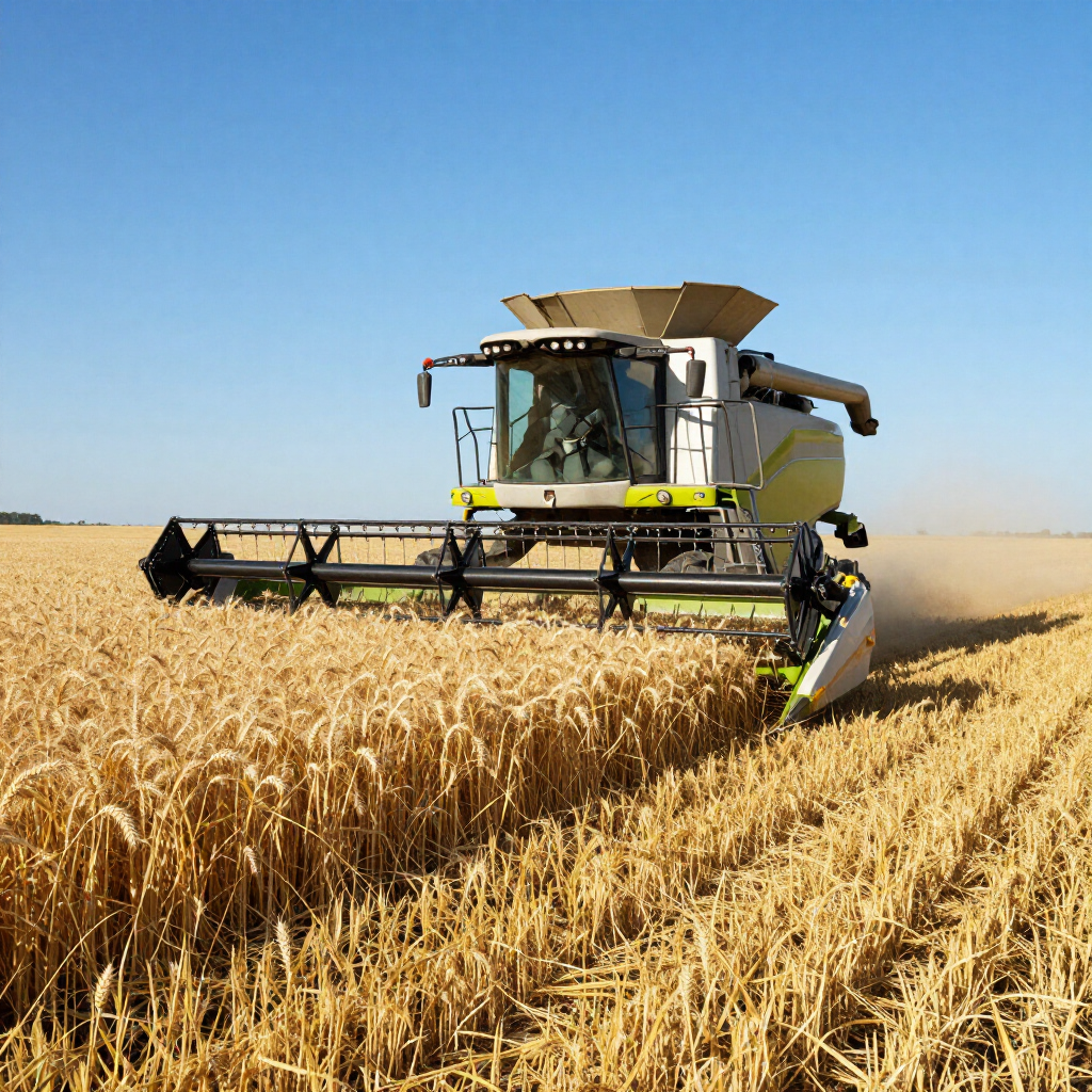 A light-colored combine harvester working through a vast, golden wheat field under a clear blue sky.