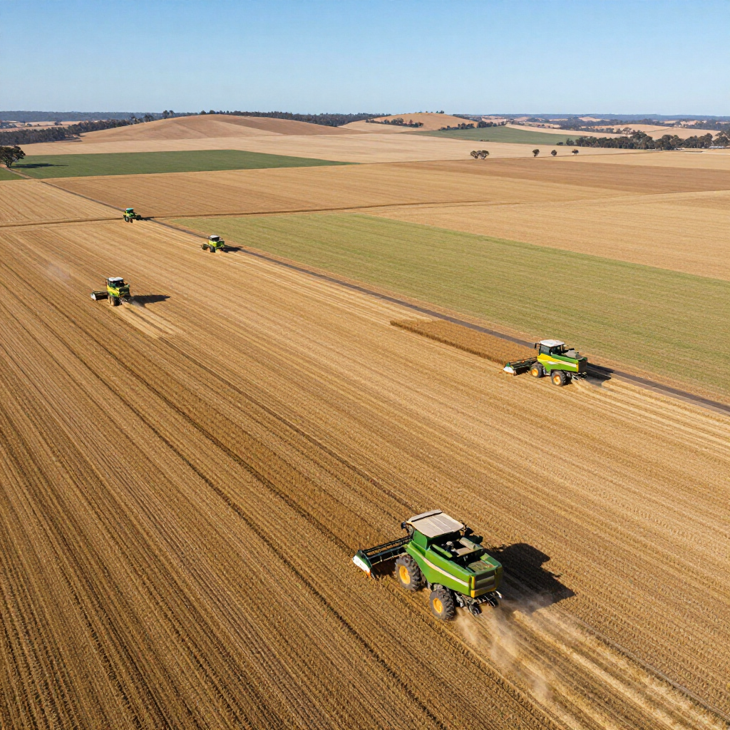 Aerial view of green combine harvesters working in rows across a large, golden-brown grain field under a clear blue sky.
