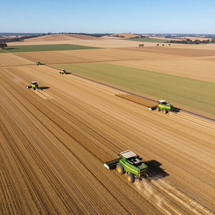 Aerial view of green combine harvesters working in rows across a large, golden-brown grain field under a clear blue sky.