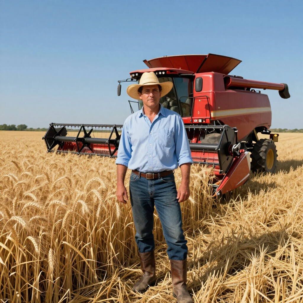 A farmer wearing a straw hat stands in a golden wheat field in front of a red combine harvester on a clear day.