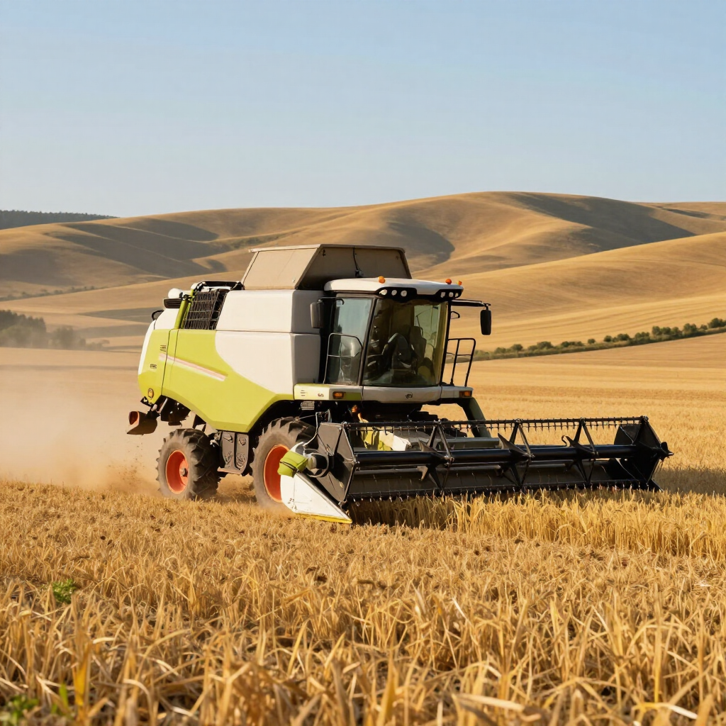 A green and white combine harvester working in a large, dry field of golden wheat against a background of rolling hills.