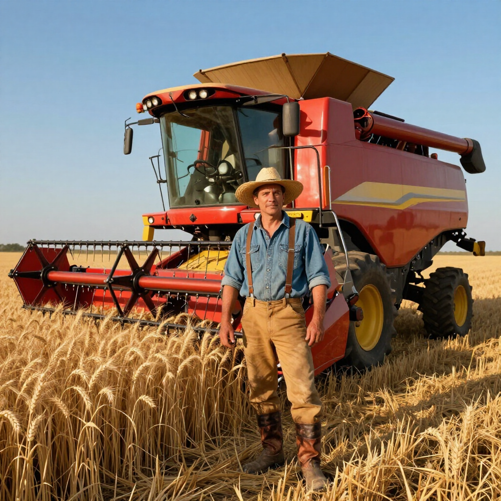 A farmer in a hat and overalls stands in a golden wheat field in front of a red combine harvester.