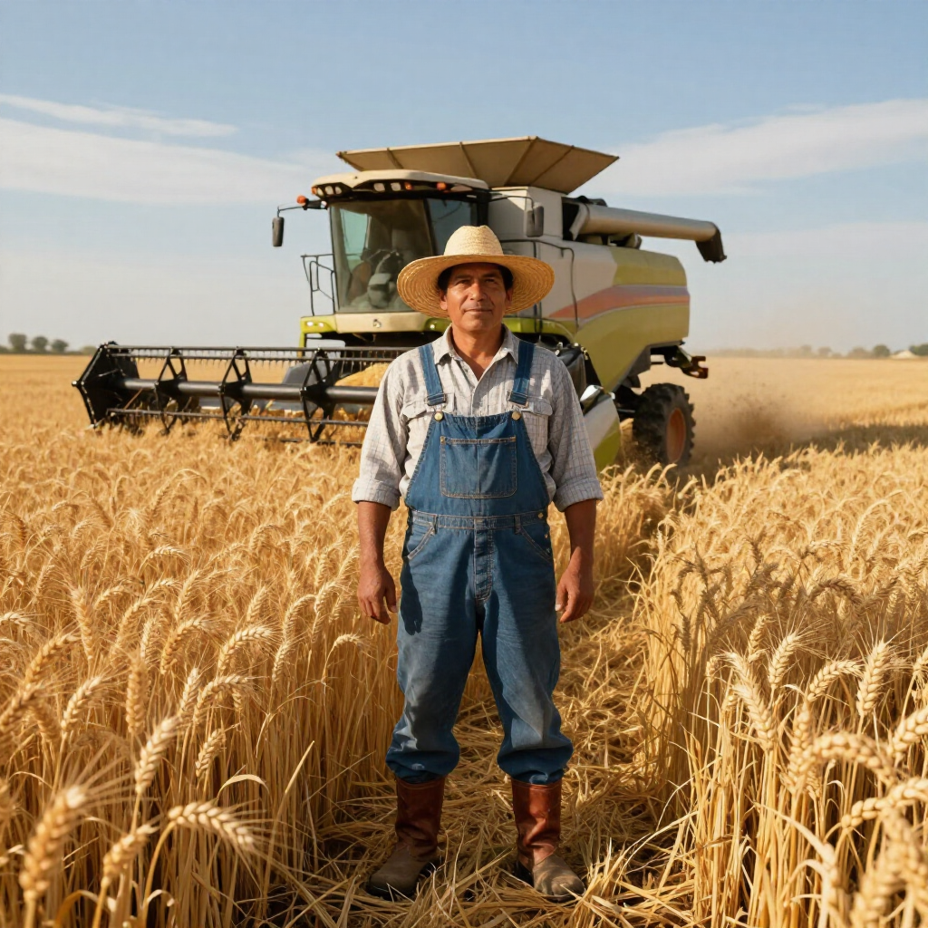 A farmer stands in a sunlit wheat field in front of a combine harvester.