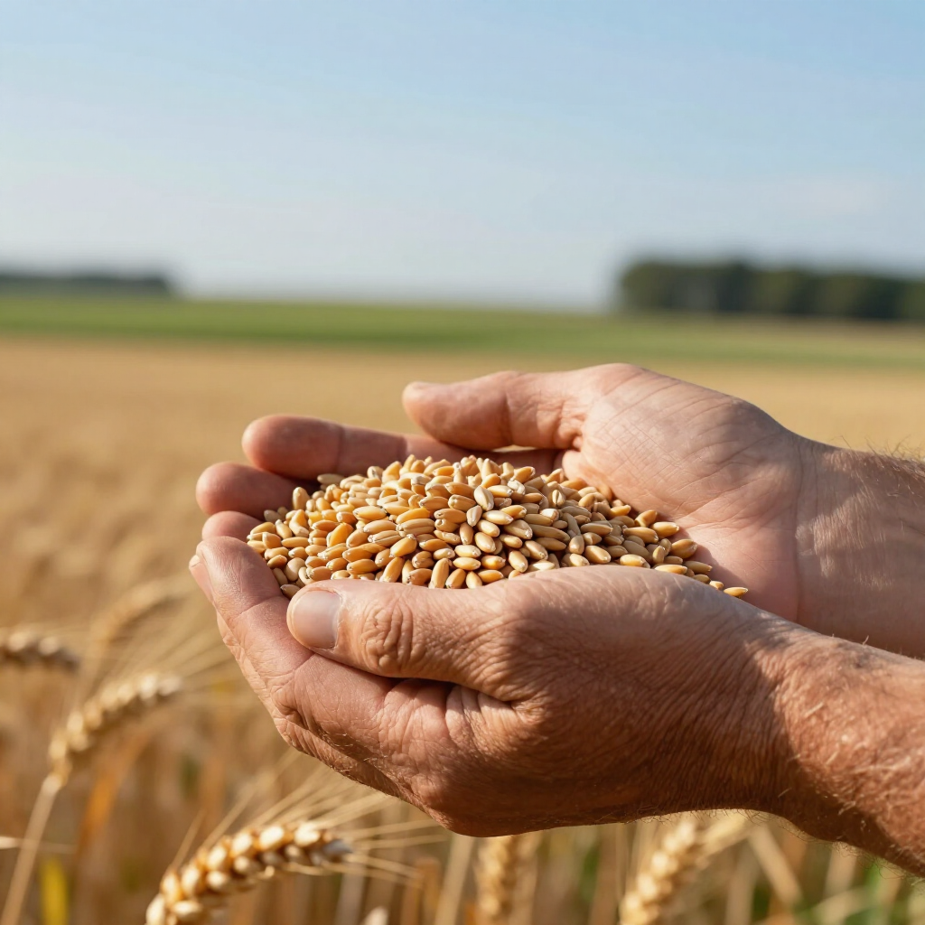Hands cupped together holding a pile of golden wheat grains in a sunlit field.