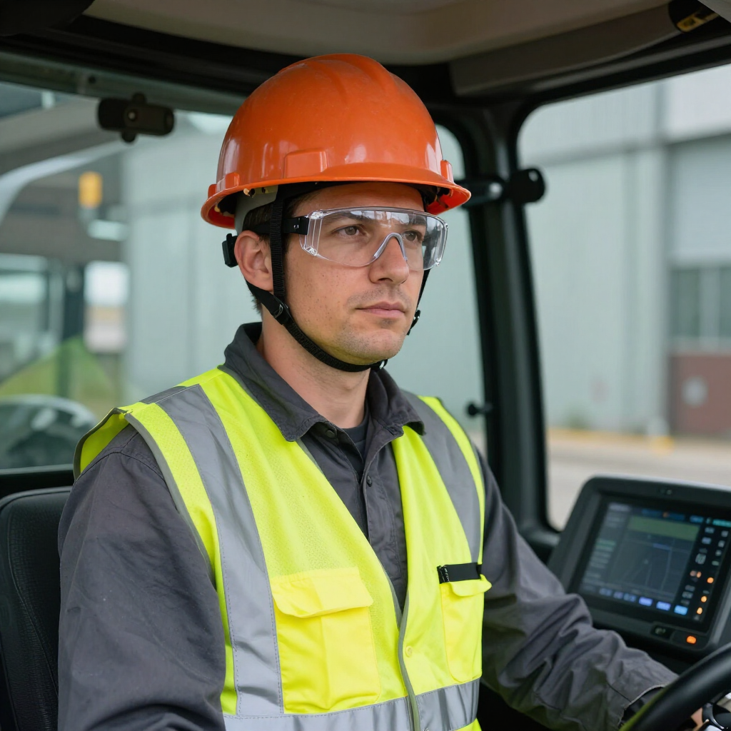 An operator in a high-visibility yellow vest, orange hard hat, and safety glasses sits in the cab of heavy machinery.