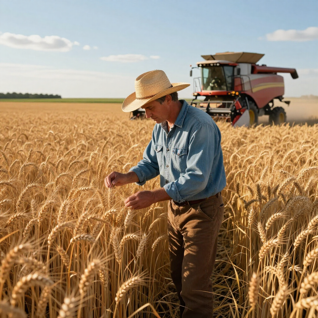 A person in a straw hat inspects golden wheat in a field while a combine harvester works in the background.