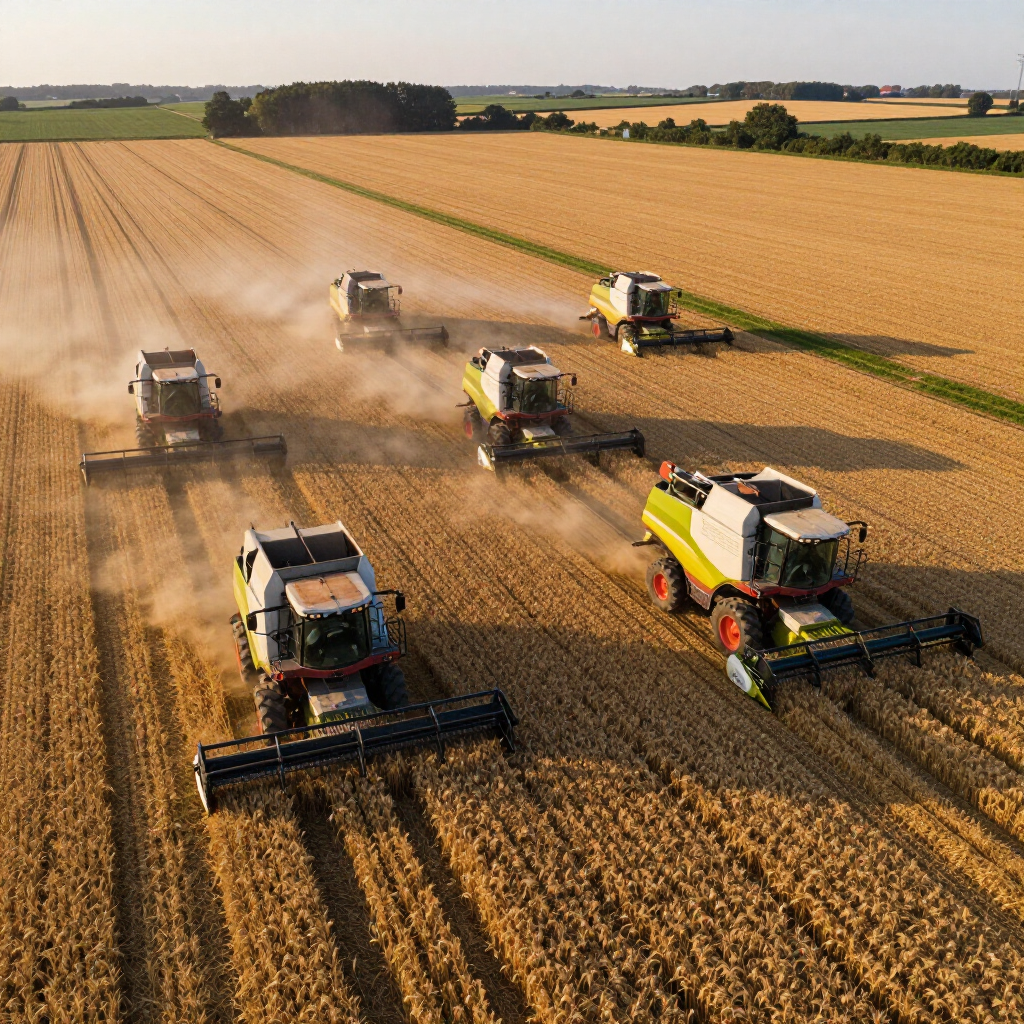 Five combines harvest a large, golden wheat field, kicking up dust under a clear, bright sky.