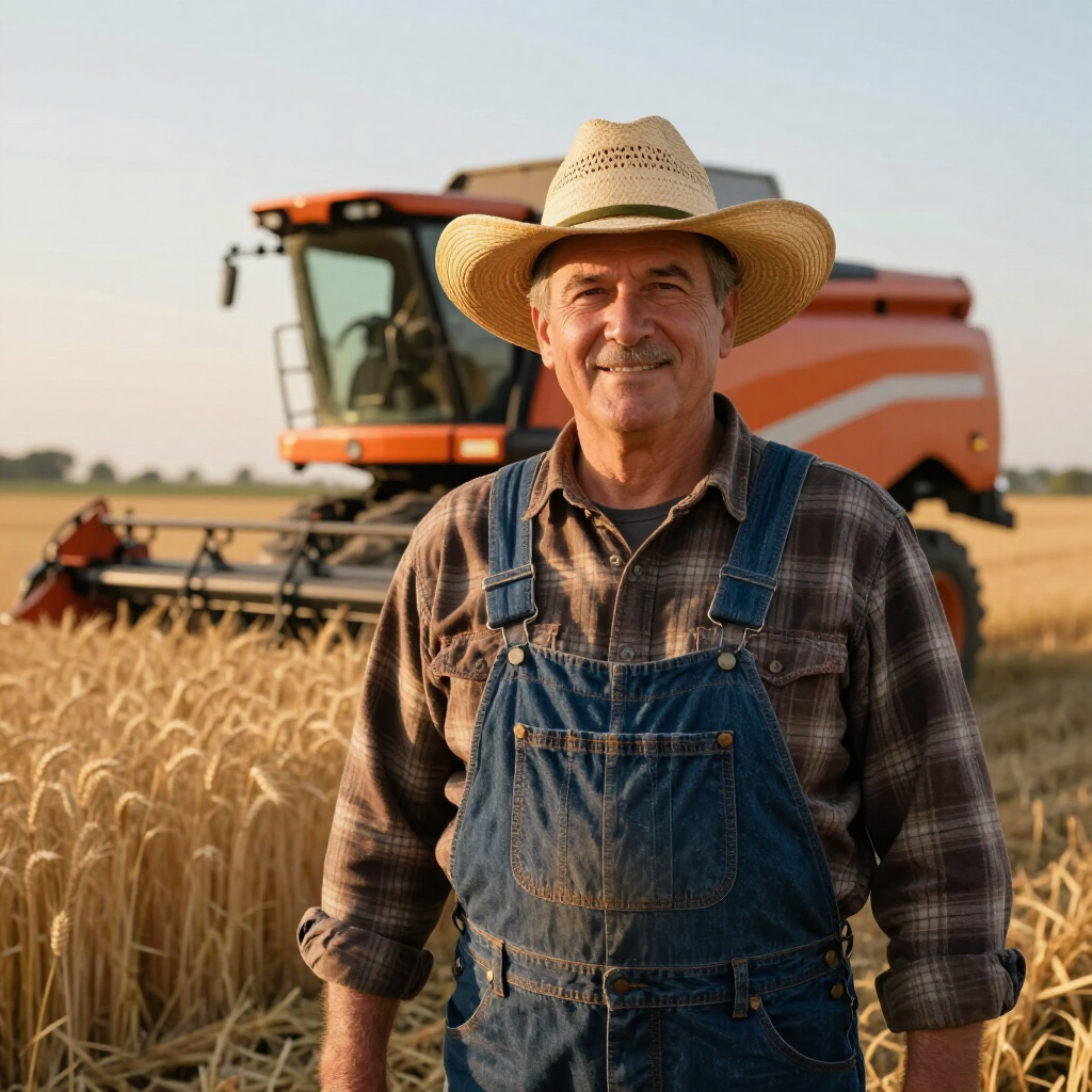 A smiling farmer in a straw hat and overalls stands in a wheat field in front of a combine harvester.