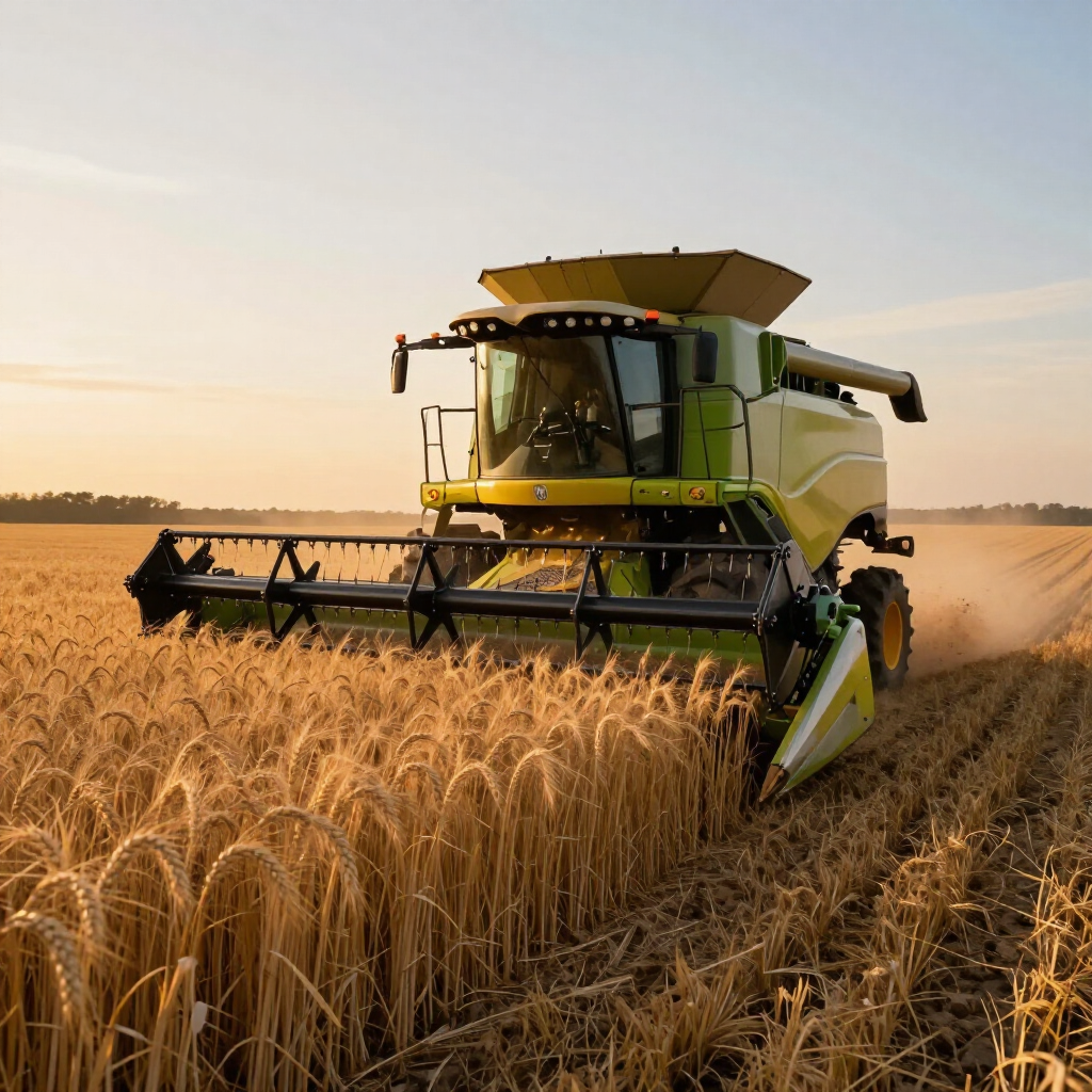 A lime-green combine harvester cuts through a golden wheat field at sunrise.