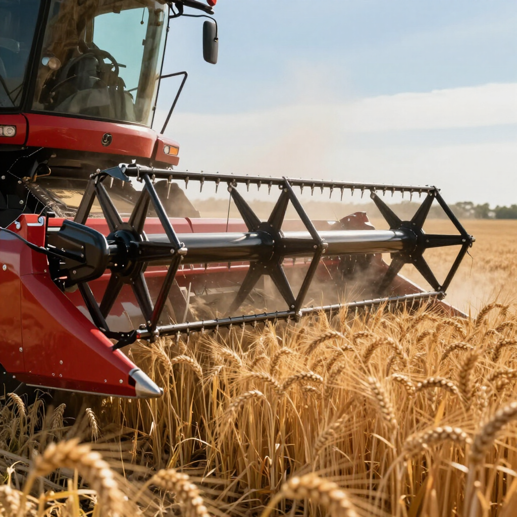 A red combine harvester gathers golden wheat in a field under a bright, sunny sky.