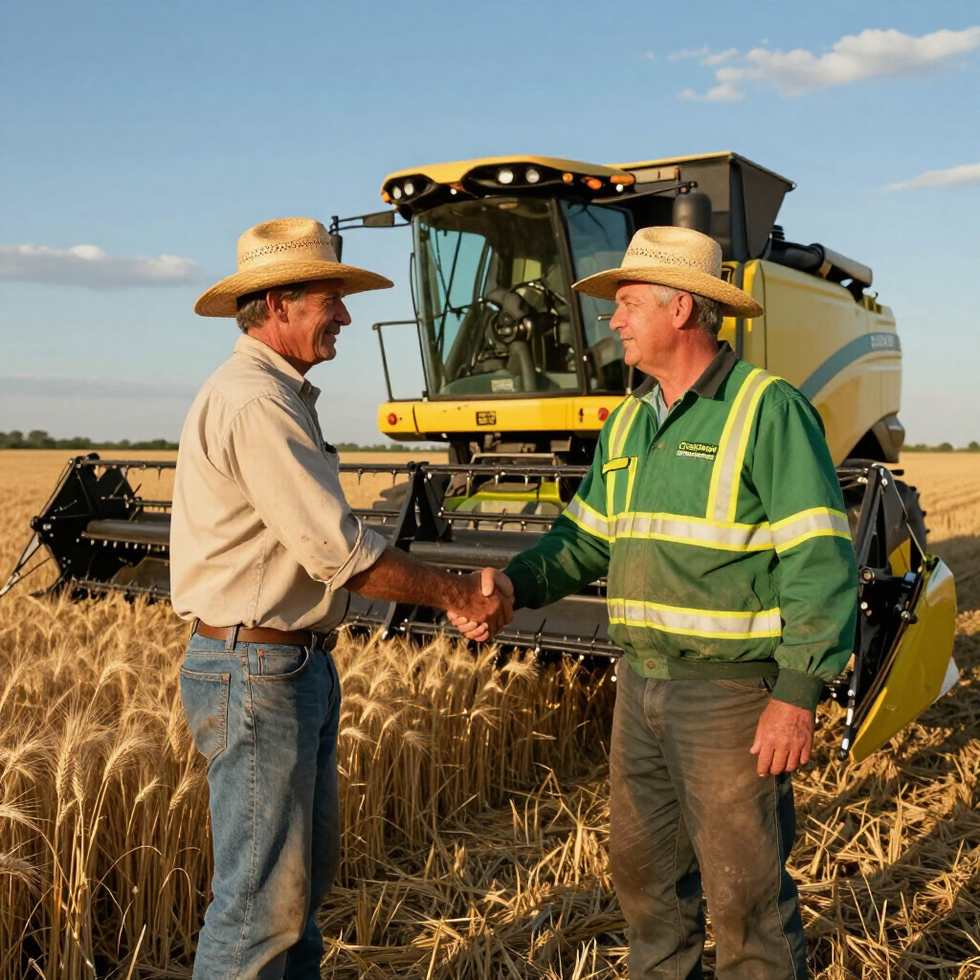 Two people in straw hats shaking hands in a wheat field in front of a yellow combine harvester under a blue sky.