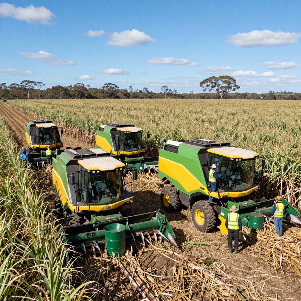 Four green and yellow sugarcane harvesters move through a large, dry crop field under a blue sky, with workers standing by.