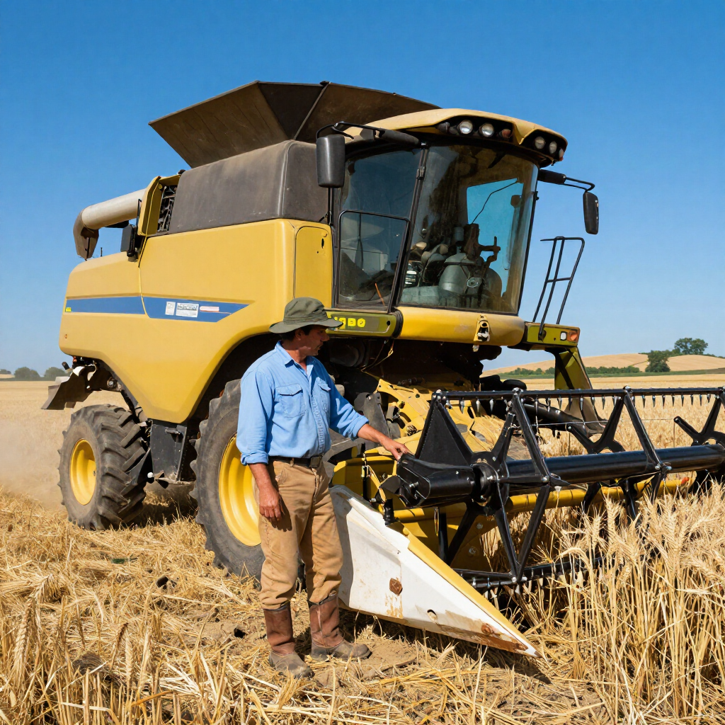 A person wearing a sun hat stands in a dry field next to a large yellow combine harvester under a clear blue sky.