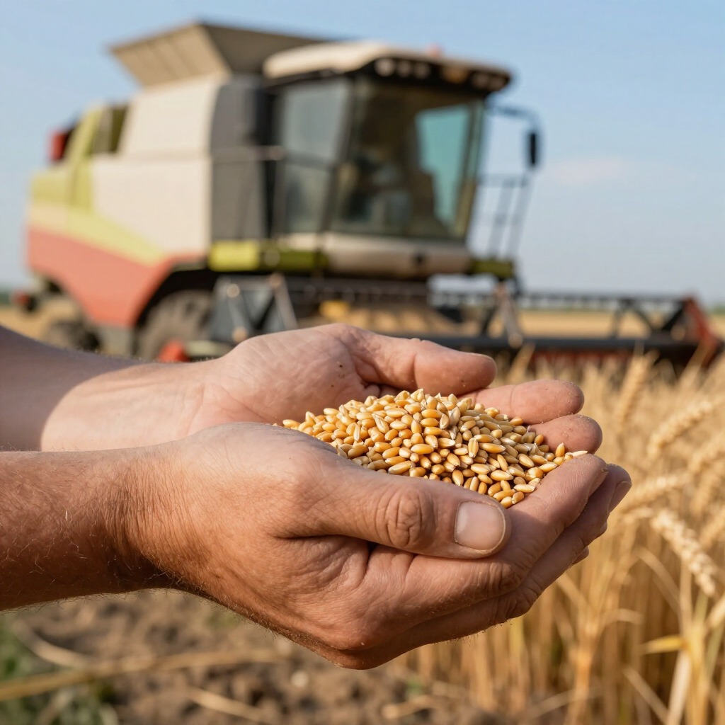 A person holds a handful of harvested wheat grains in a field with a combine harvester visible in the blurred background.