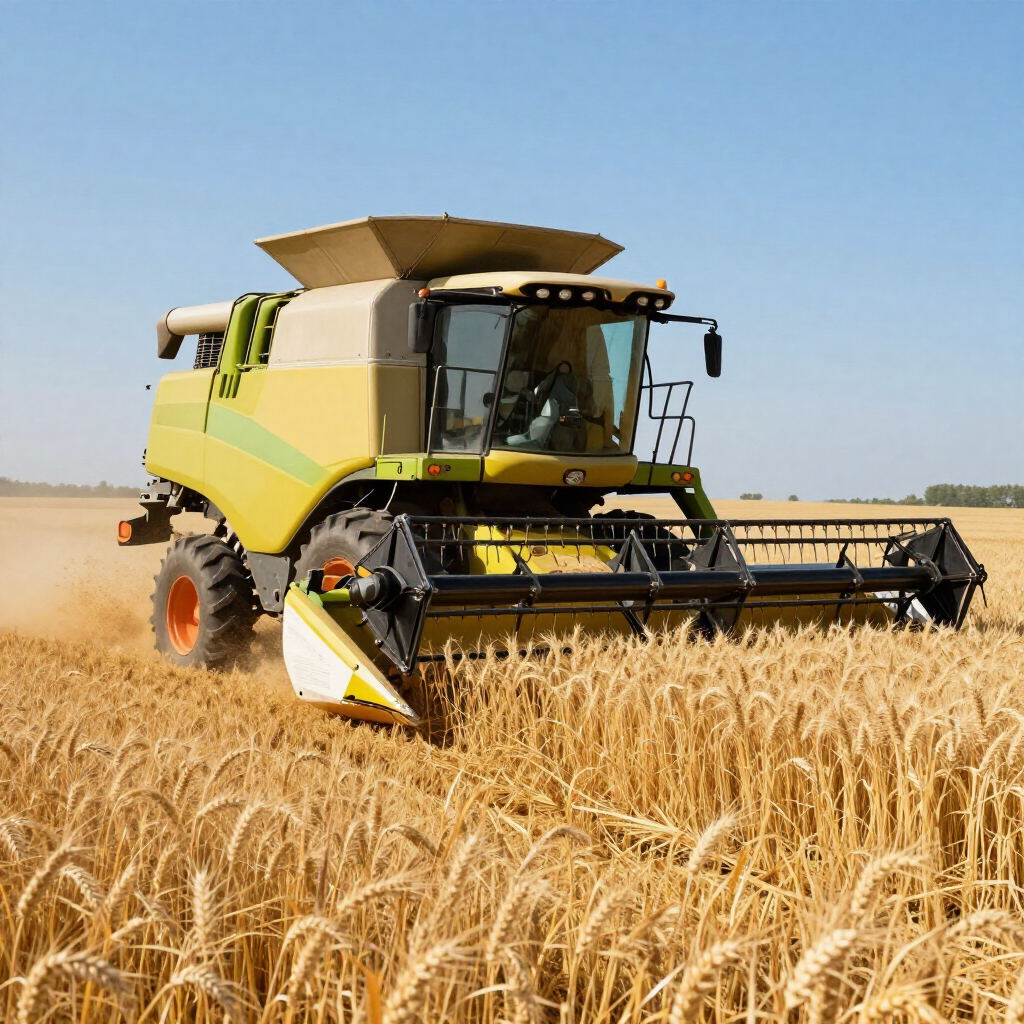 A light green and tan combine harvester harvesting a golden wheat field under a clear blue sky.
