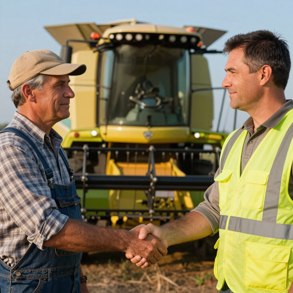 Two people shaking hands in front of a yellow combine harvester in a field.
