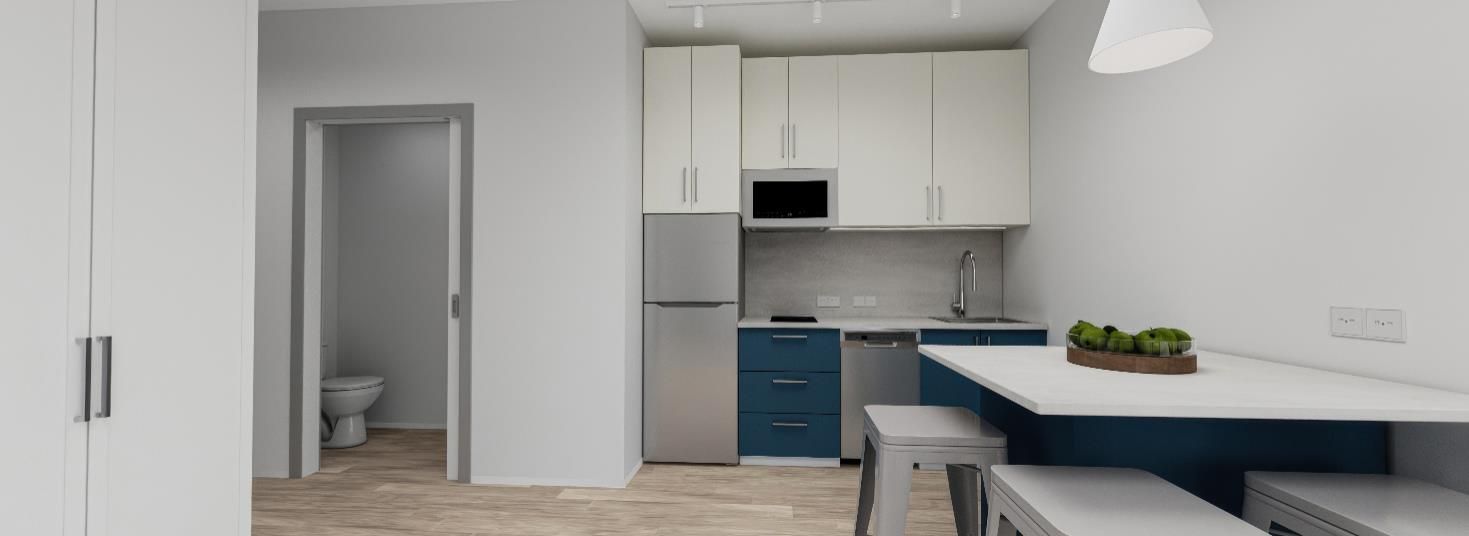 An artist 's impression of a kitchen with blue cabinets and a table.