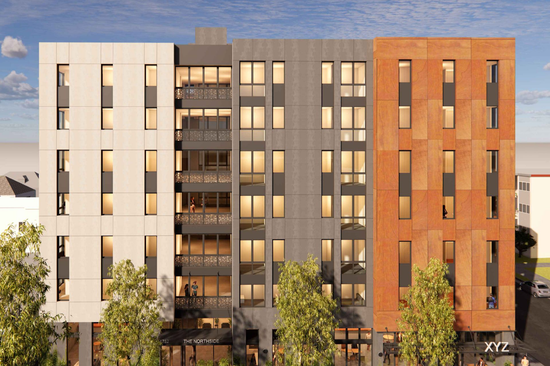 An artist 's impression of a building with cars parked in front of it
