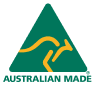 Australian Made logo with green triangle and yellow kangaroo silhouette