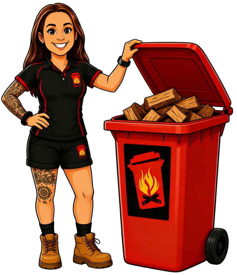 Ryans Wheelie Wood team member in black uniform beside a red bin filled with firewood and a flame symbol.