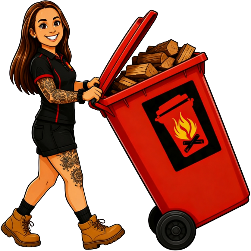 Ryans Wheelie Wood team member pushing a red firewood wheelie bin.