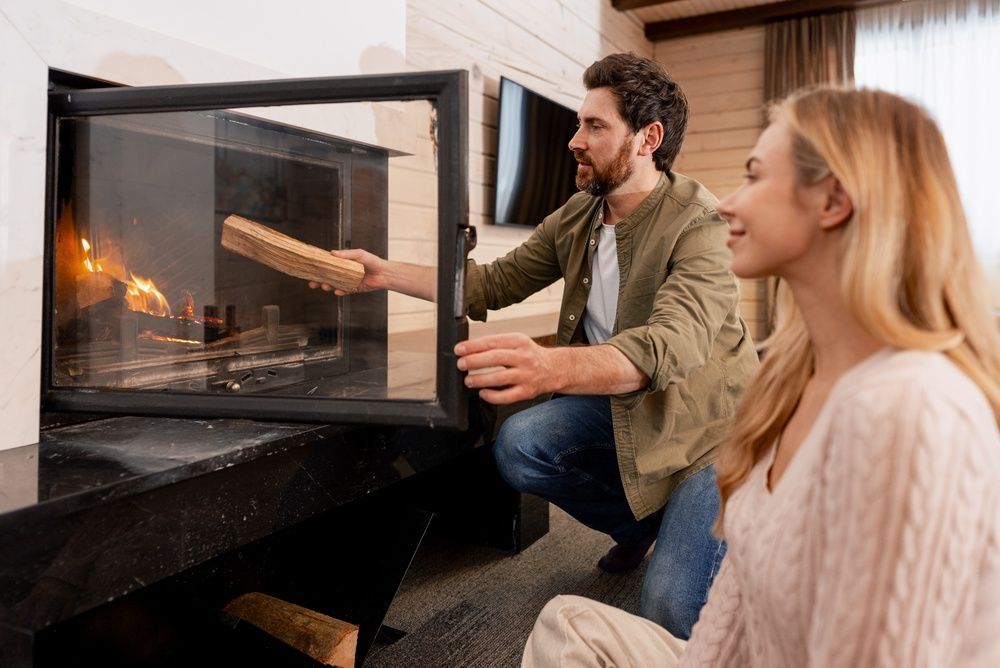 Two people warm themselves by a fireplace in a modern living room