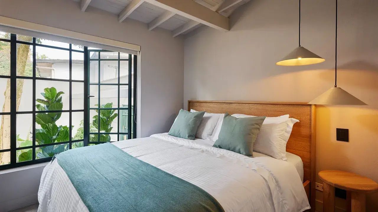 Suite Superior Flores en Antipoda Hotel Boutique Medellín, con cama king size, grandes ventanales con vista al jardín y moderna decoración, ofreciendo una estancia de lujo y comodidad.