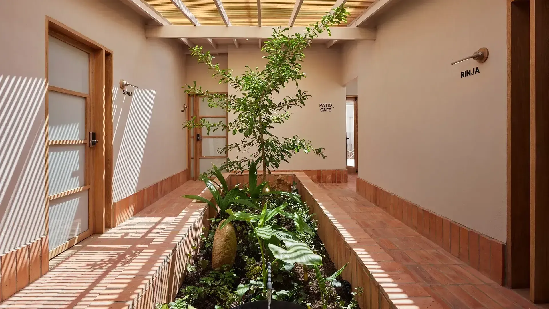 Espacios de patio en Antipoda Hotel Boutique Medellín, con diseño abierto, plantas tropicales y luz natural, proporcionando un ambiente relajante y acogedor.