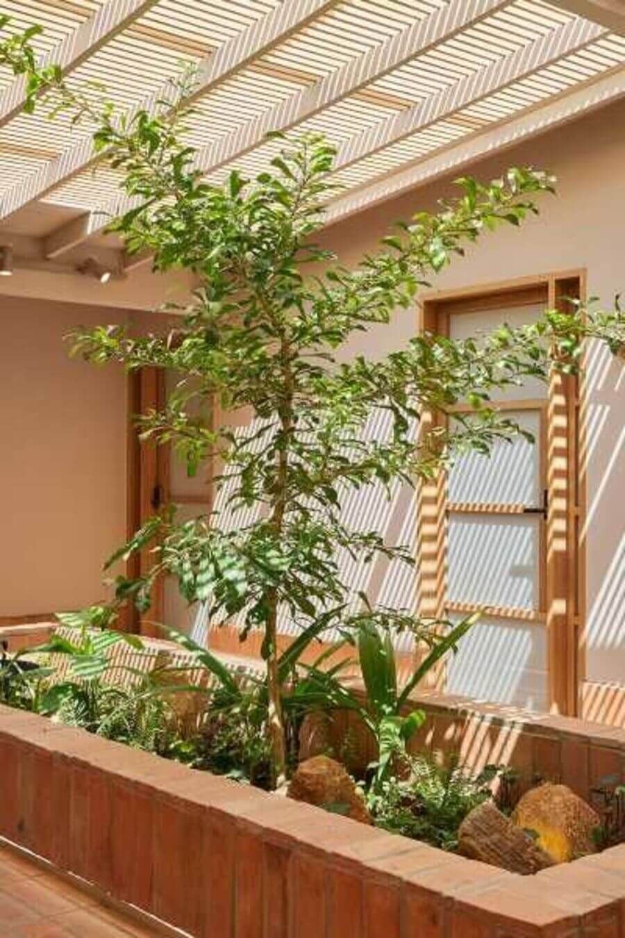 Pequeño jardín interior con plantas bajo un techo de luz natural