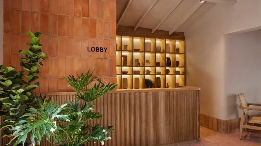 Recepción de hotel con estantería iluminada, paredes de ladrillo y plantas decorativas