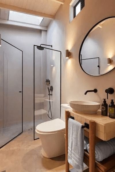 Moderno baño de lujo en Java con diseño minimalista, ducha de cristal, lavabo de estilo contemporáneo y detalles en madera, ideal para una experiencia de confort.