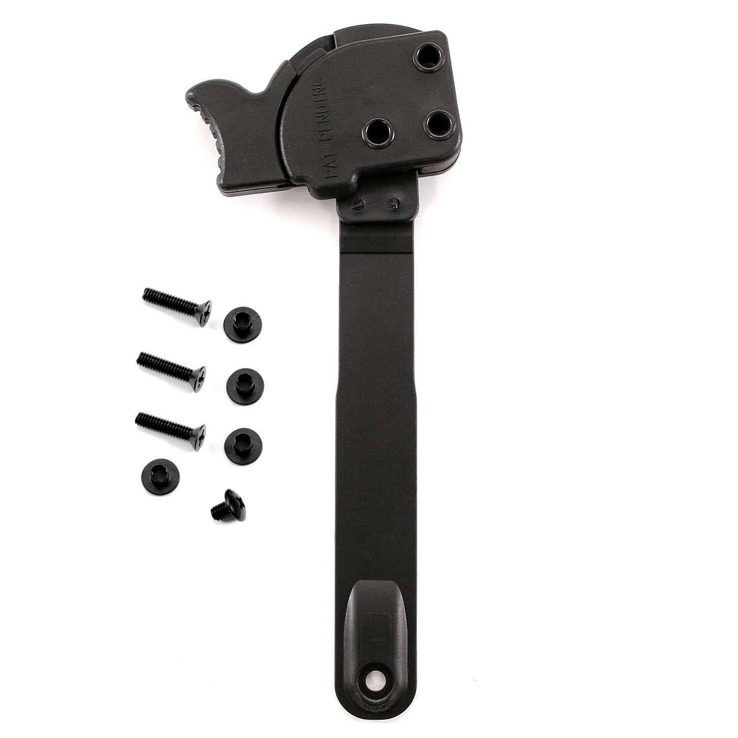 Speed Lock Retention System - Gen 2 The Speed Lock Retention System by Spetz Gear has clear advantages over similar options currently on the market. This patent pending design allows for a secured closed retention (Level 2) hood, meeting many large professional agencies' holster requirements.
The SpeedLock Gen 2 carries over the proven release mechanism from the original with an improved top strap featuring an increased thickness from .060 to .093 and reinforced pivot points.
The thumb release is sized and positioned for repeatable positive activation of the release while securing a firm grip, all in one single motion. No additional grip adjustments need to be made prior to, or after the drawing of the pistol.
The smooth action thumb release activates the spring-loaded hood in a fraction of a second. This allows for the handgun to be immediately drawn as soon as the grip is secure. This is much different from other designs, which require the depressing of the lock release followed by a forward movement by the user to secure the grip.
The rearward unlocking motion saves valuable spacing between the retention system and the mounting platform. Because it does not require the thumb to push down and outward (toward the body), this retention is ideal for mounting on a chest rig/vest carrier system.