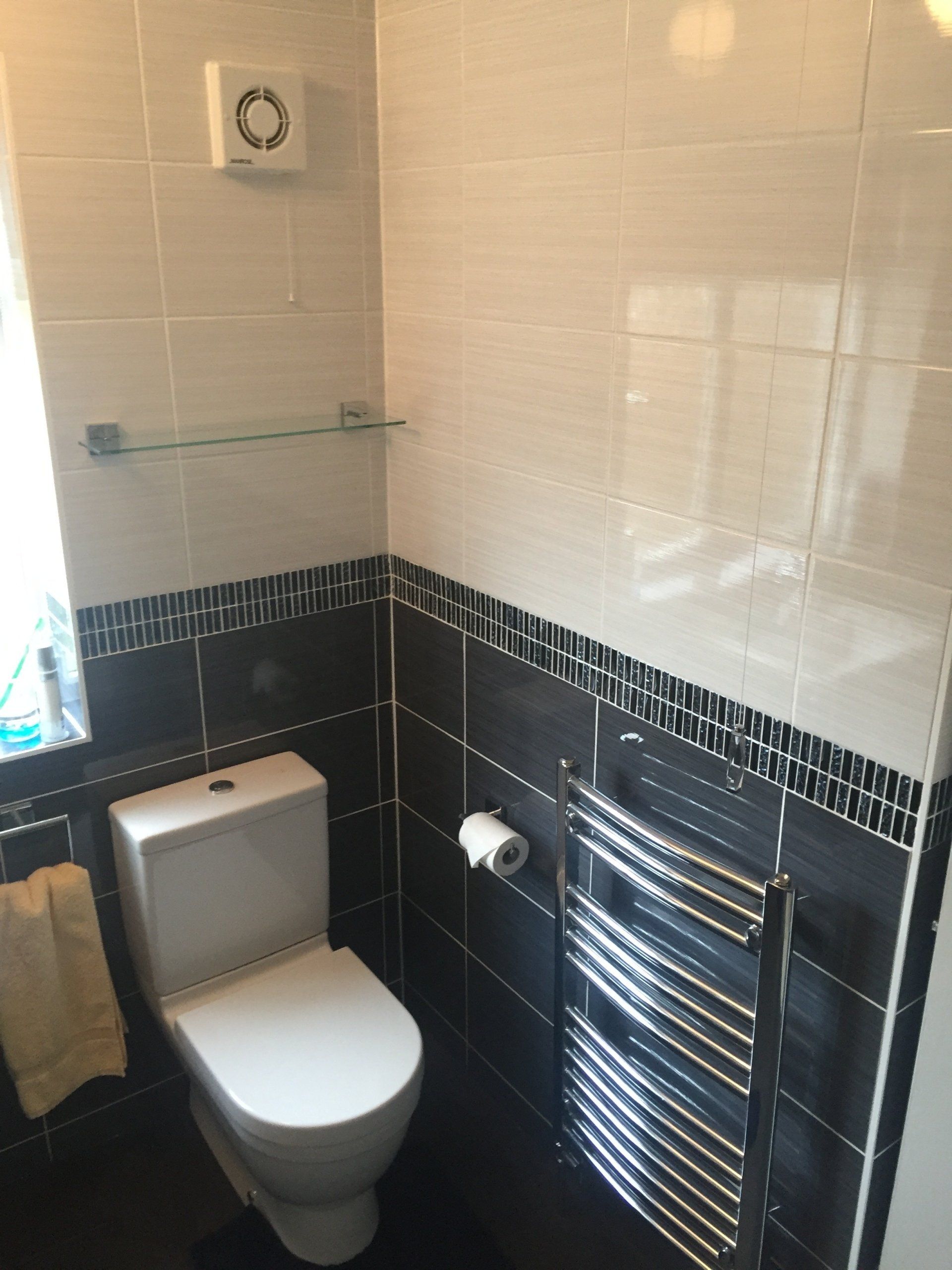 Bathroom with black and white tiled walls, toilet, towel rack, and heated towel rail.
