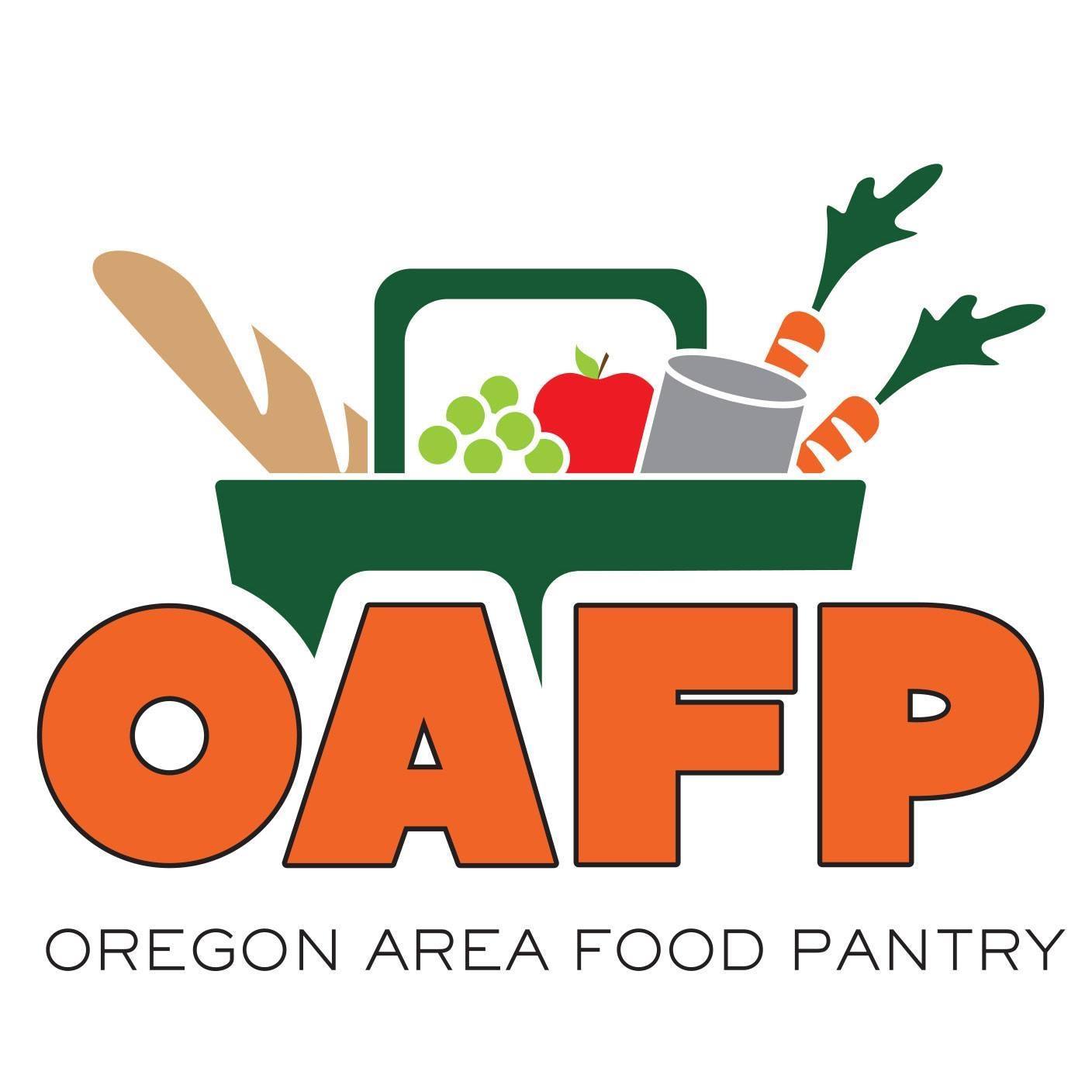 Logo shows OAFP in large orange letters, Oregon Area Food Pantry in smaller black letters, with picture of shopping basket containing food.