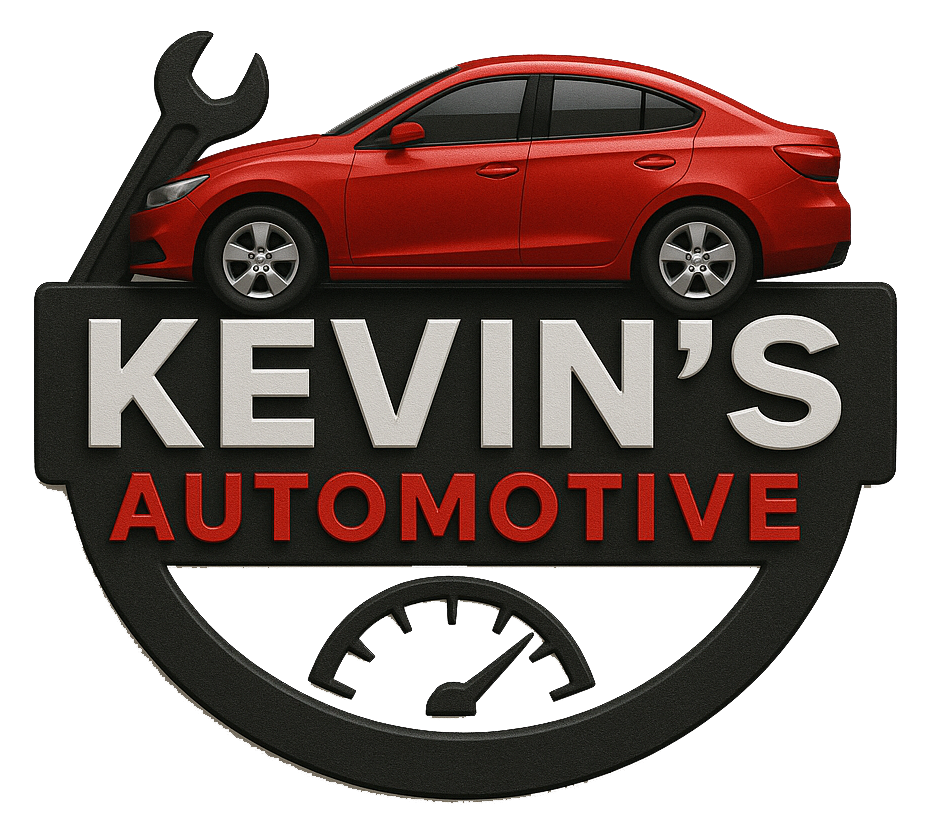 Kevin's Automotive logo with red car, wrench, and speedometer. Black background with white and red text.