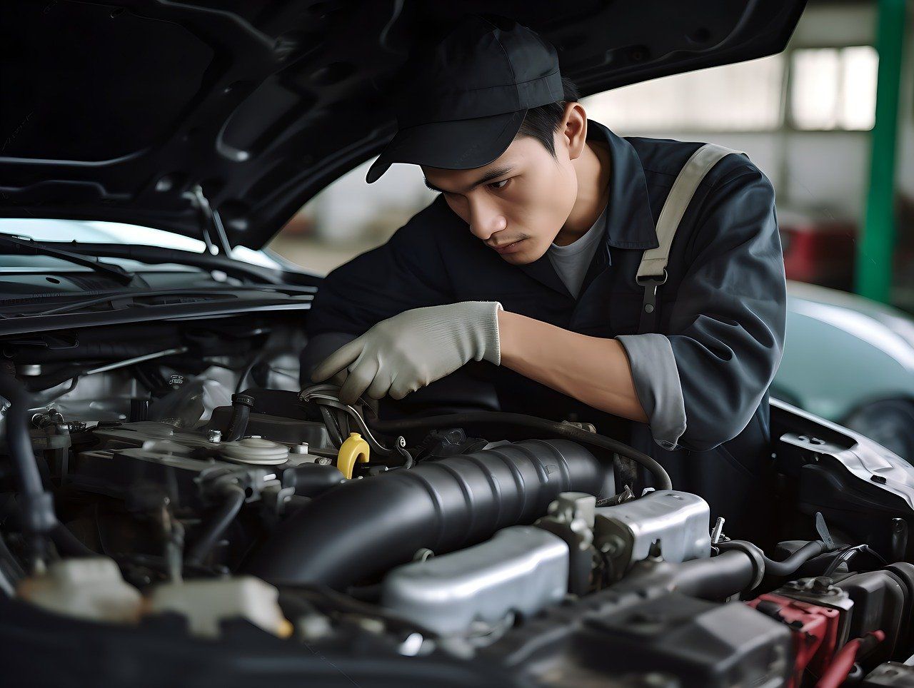 Mechanic working on car engine in a garage. Wearing gloves and cap, focused on the task.