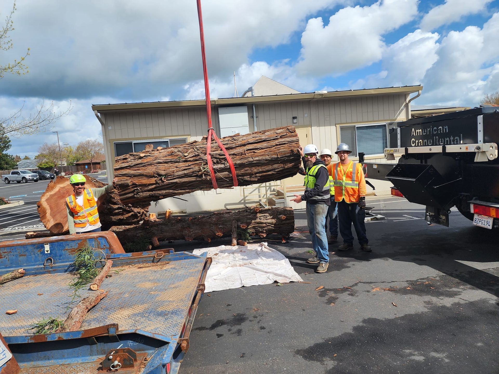 Workers in safety vests lift a large log bundle with a crane in a lumberyard.