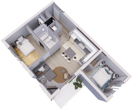 An aerial view of a floor plan of a house