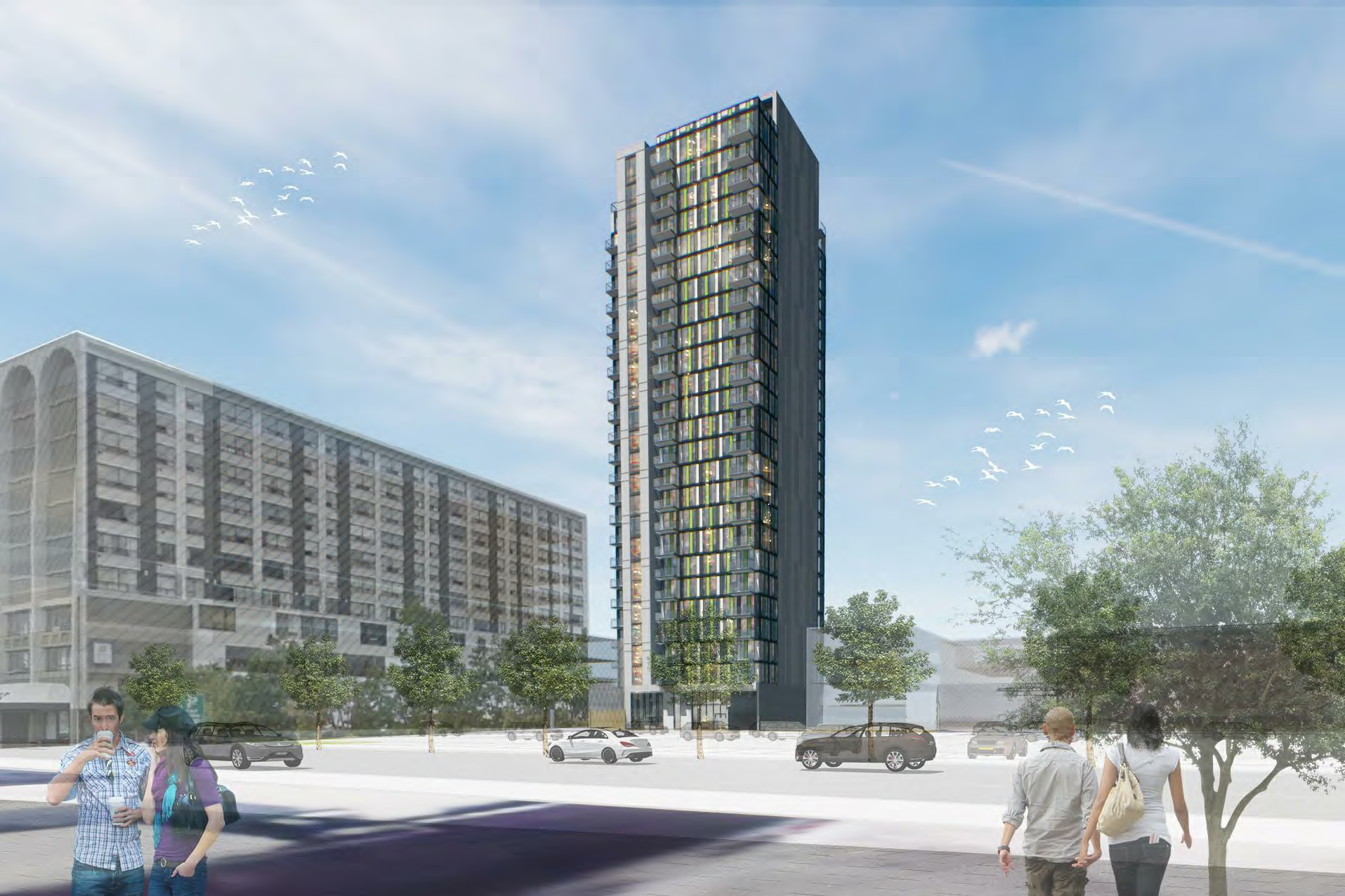 An artist 's impression of a tall building in a city.