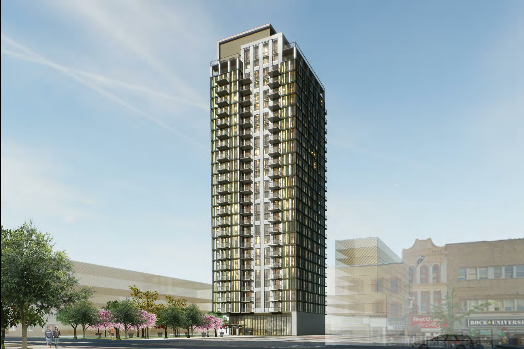 An artist 's impression of a tall building in a city