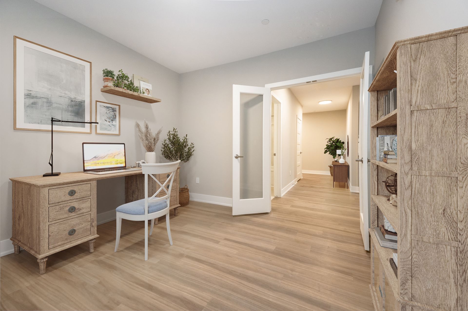 An artist 's impression of a home office with a desk and chair.